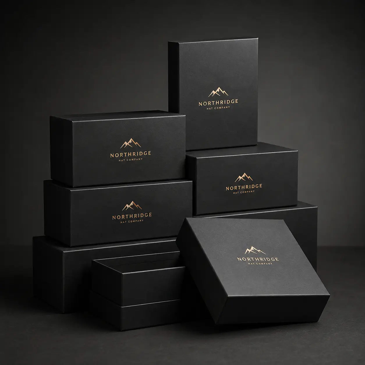Stacked matte black luxury gift boxes with gold foil Northridge Hat Company logo, elegant premium custom packaging design