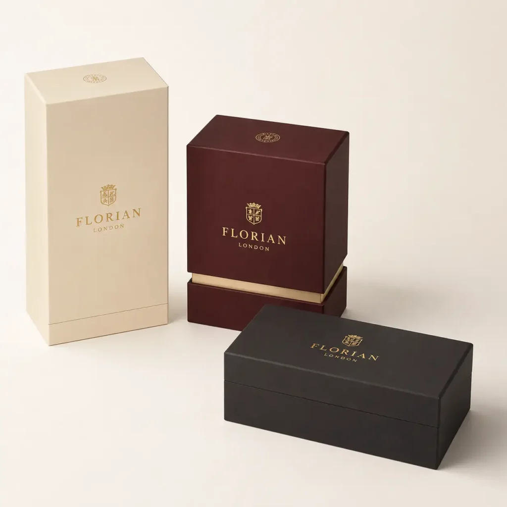 Three luxury Florian London gift boxes in cream, burgundy, and black with gold foil branding on neutral background