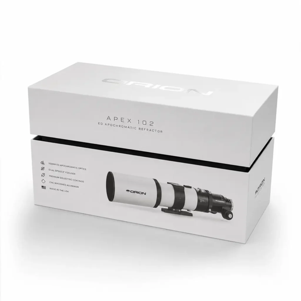 White Orion Apex 102 ED Apochromatic Refractor telescope premium rigid box packaging with product photo on base