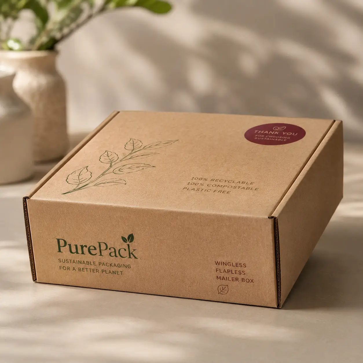 Kraft brown PurePack sustainable mailer box with green botanical print, 100% recyclable compostable plastic-free eco packaging