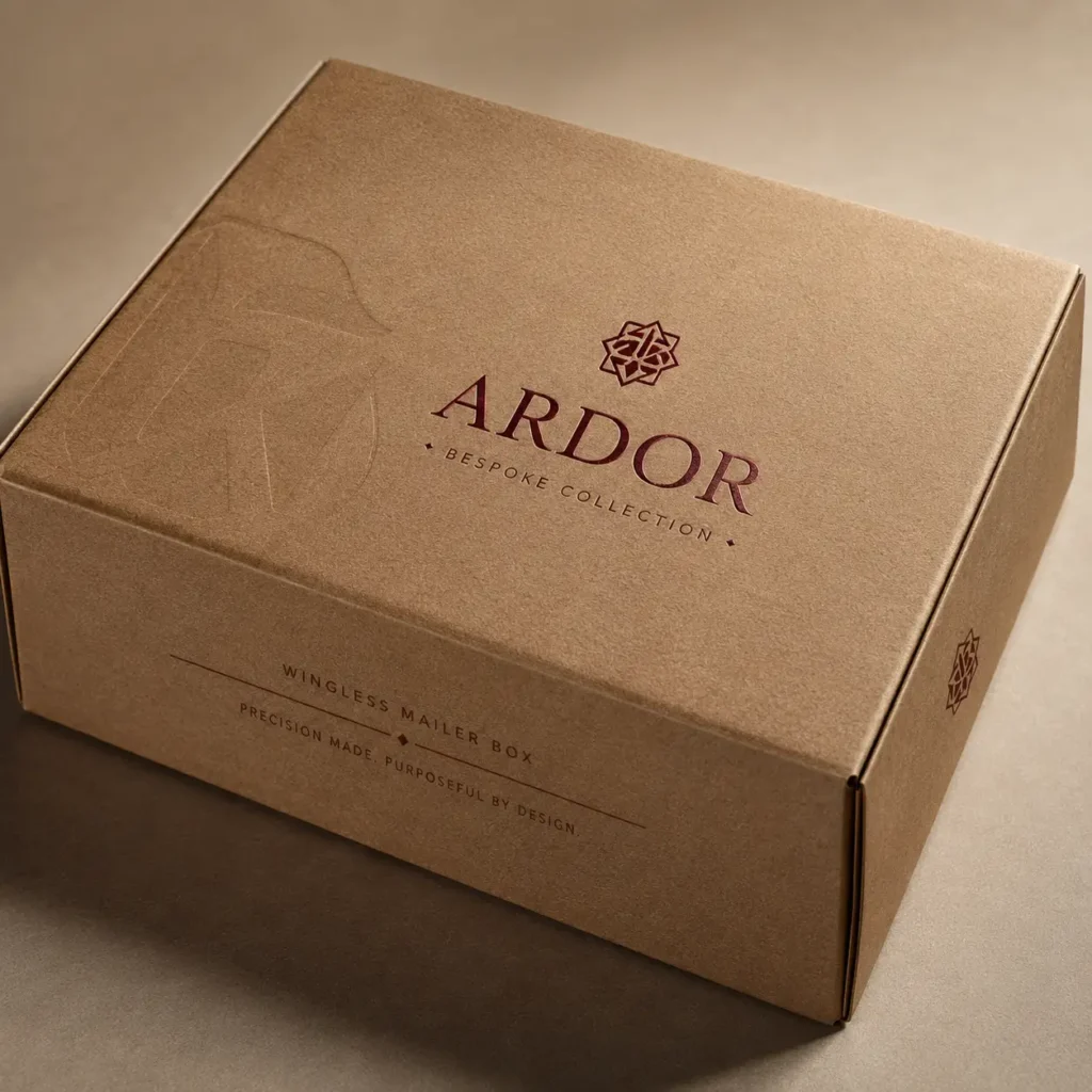 Kraft brown Ardor Bespoke Collection wingless mailer box with burgundy logo, precision-made custom luxury packaging design