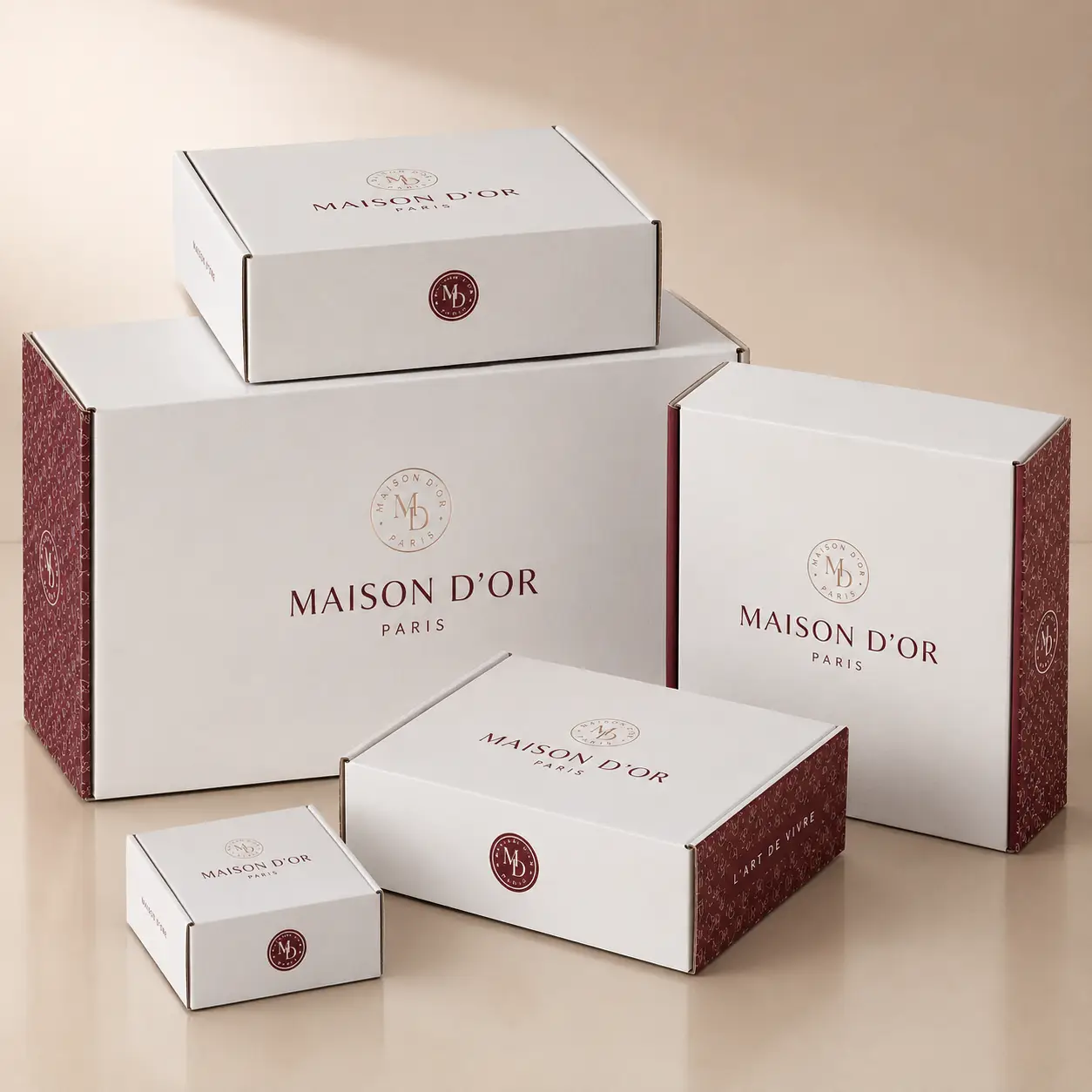 White luxury custom mailer boxes set with burgundy Maison D'Or Paris branding, elegant packaging design for premium products
