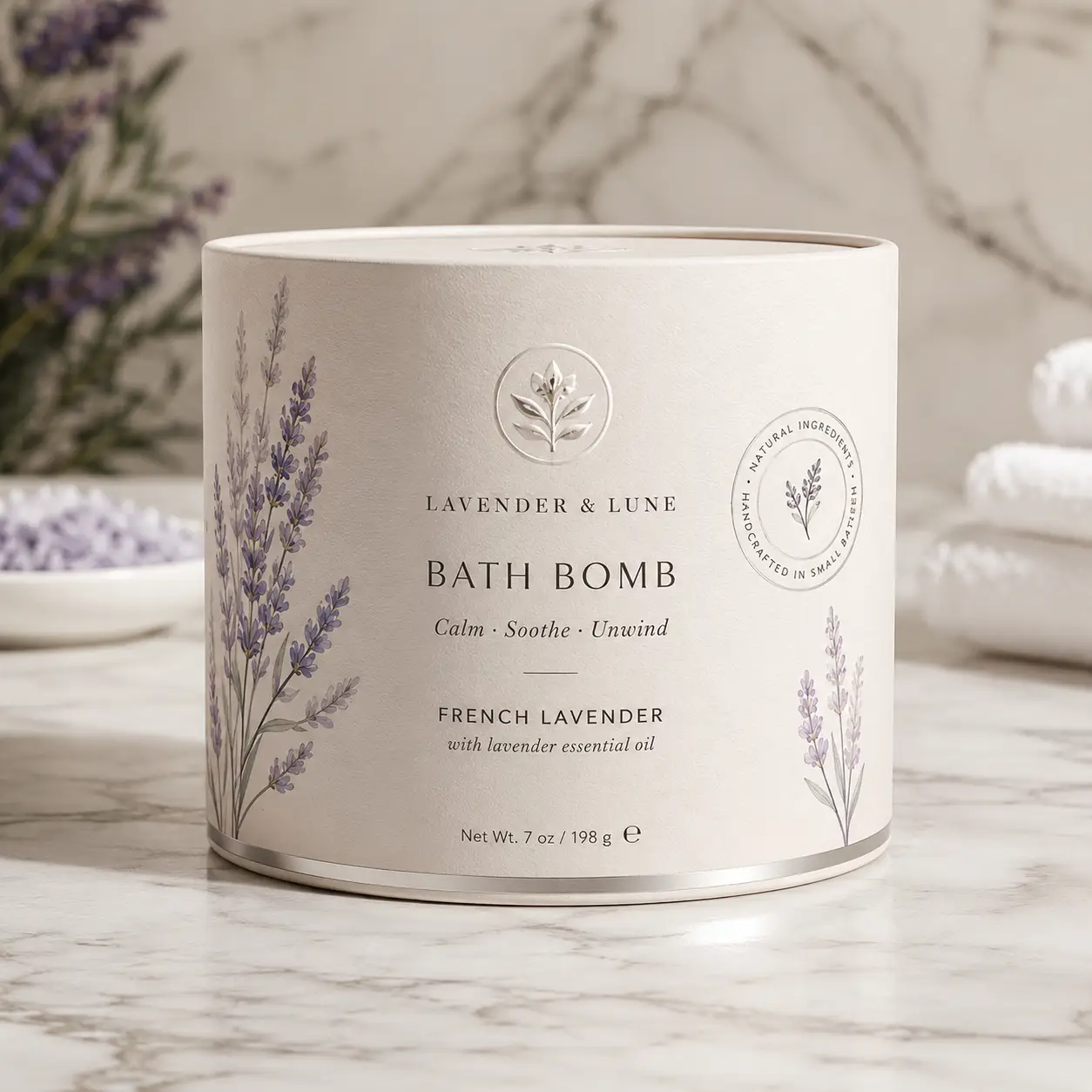 Lavender & Lune French Lavender Bath Bomb cylindrical beige packaging with purple floral design on marble surface