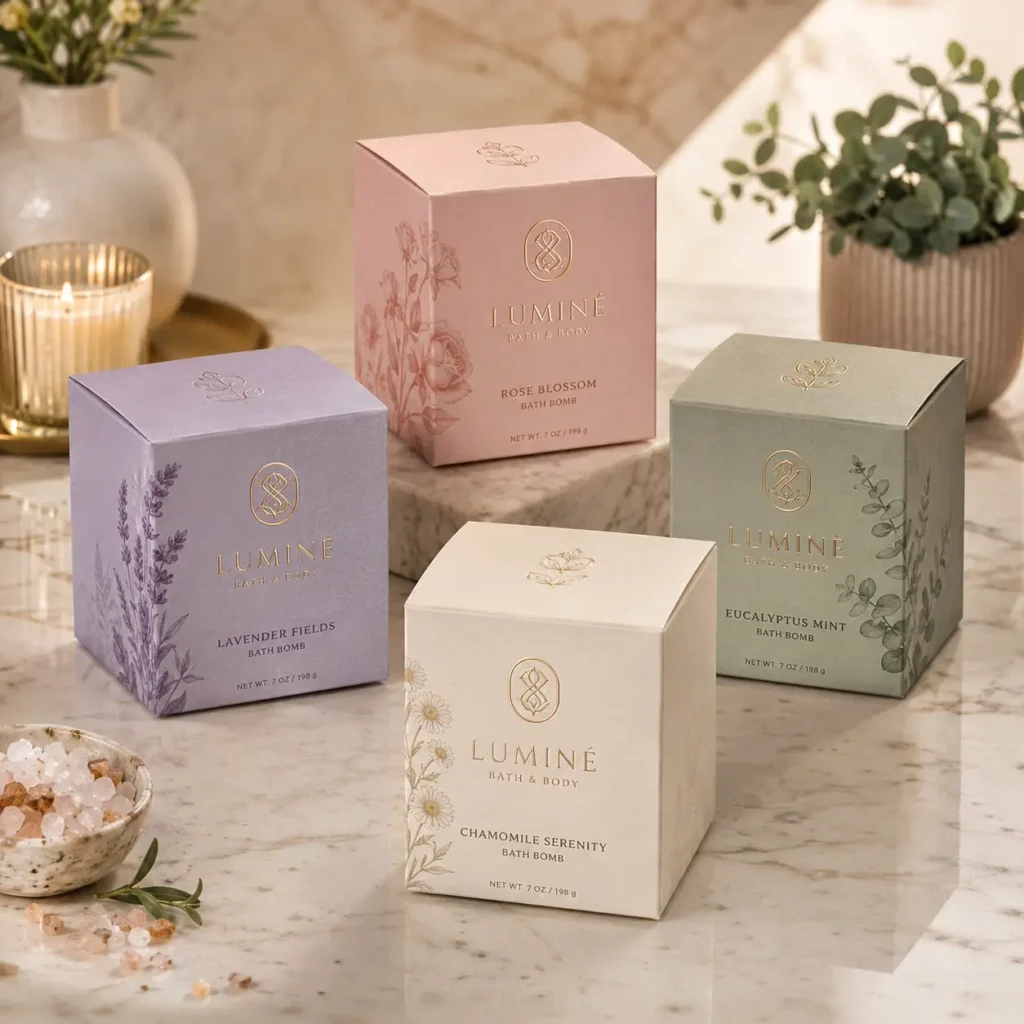 Luminé Bath & Body luxury bath bomb gift boxes in lavender, pink, sage, cream on marble with candle and eucalyptus decor