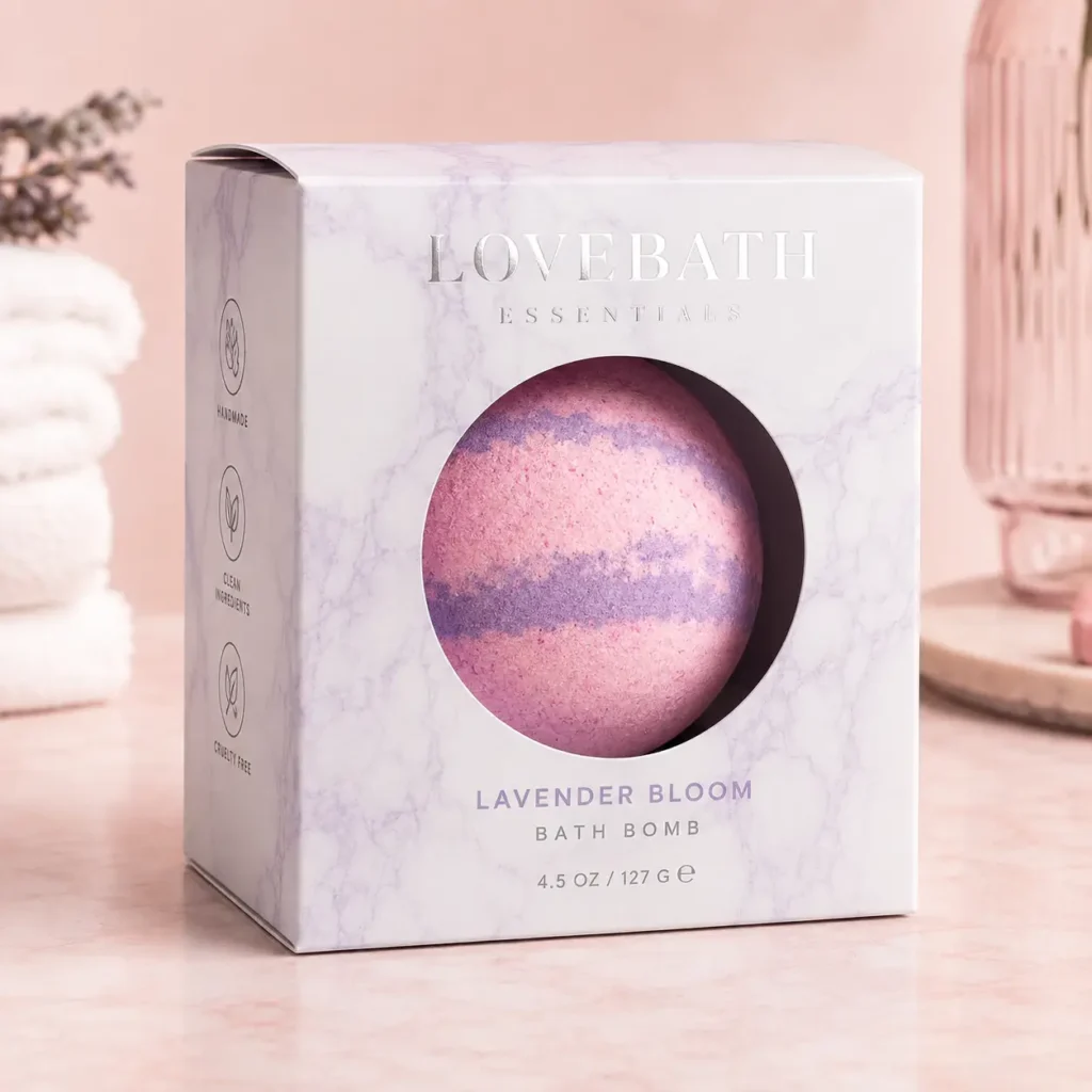 Lovebath Essentials Lavender Bloom bath bomb in marble luxury packaging box, pink purple swirled sphere, 4.5oz, cruelty-free