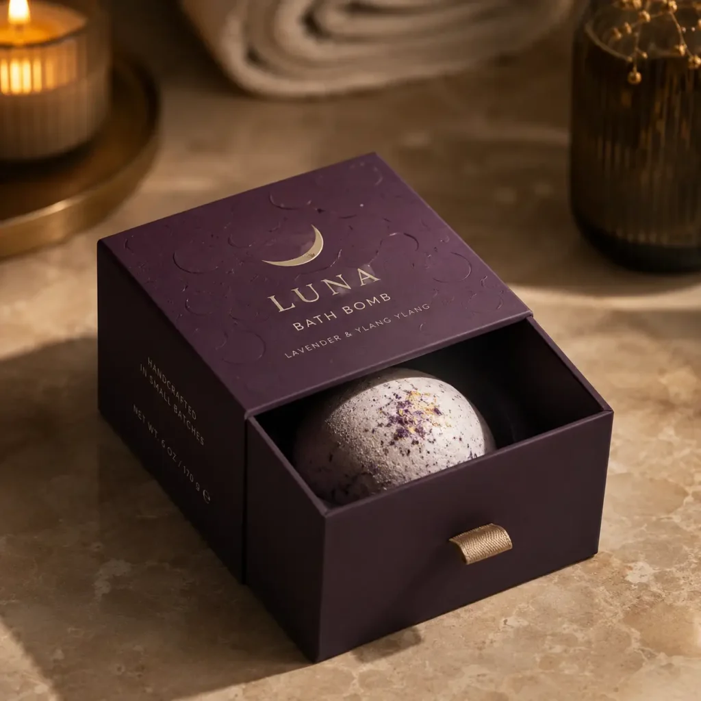 Luna Bath Bomb luxury purple drawer gift box with gold crescent moon logo, lavender ylang ylang, elegant premium packaging design