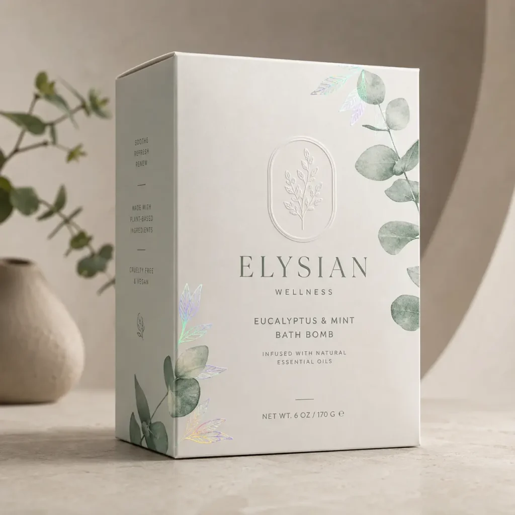 Elysian Wellness eucalyptus mint bath bomb white luxury packaging box with holographic botanical accents and embossed logo