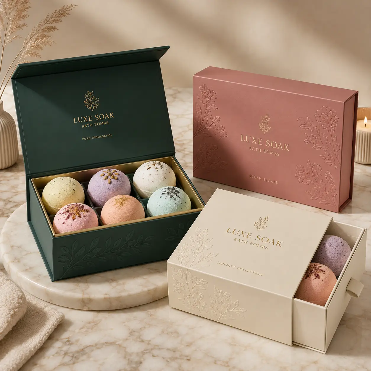 Luxe Soak Bath Bombs gift sets in green, blush pink, and cream luxury rigid boxes with gold foil floral embossing on marble surface