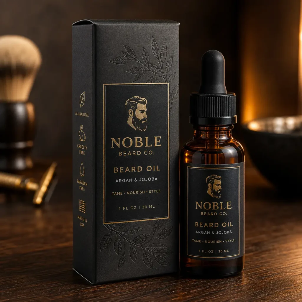 Noble Beard Co. amber dropper bottle and black gold beard oil packaging with argan jojoba, shaving brush background, luxury grooming branding