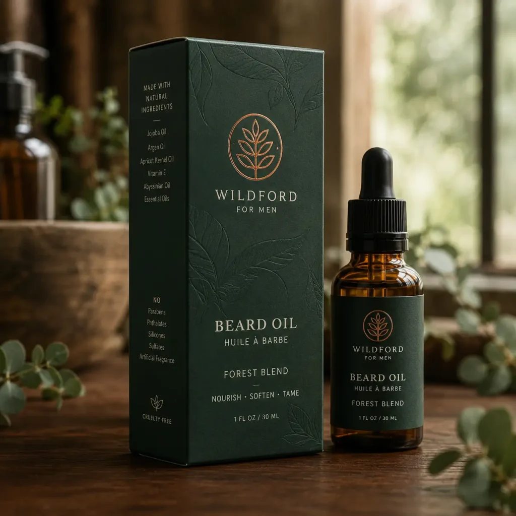 Dark green Wildford For Men Forest Blend Beard Oil box and amber dropper bottle on rustic wood with eucalyptus leaves