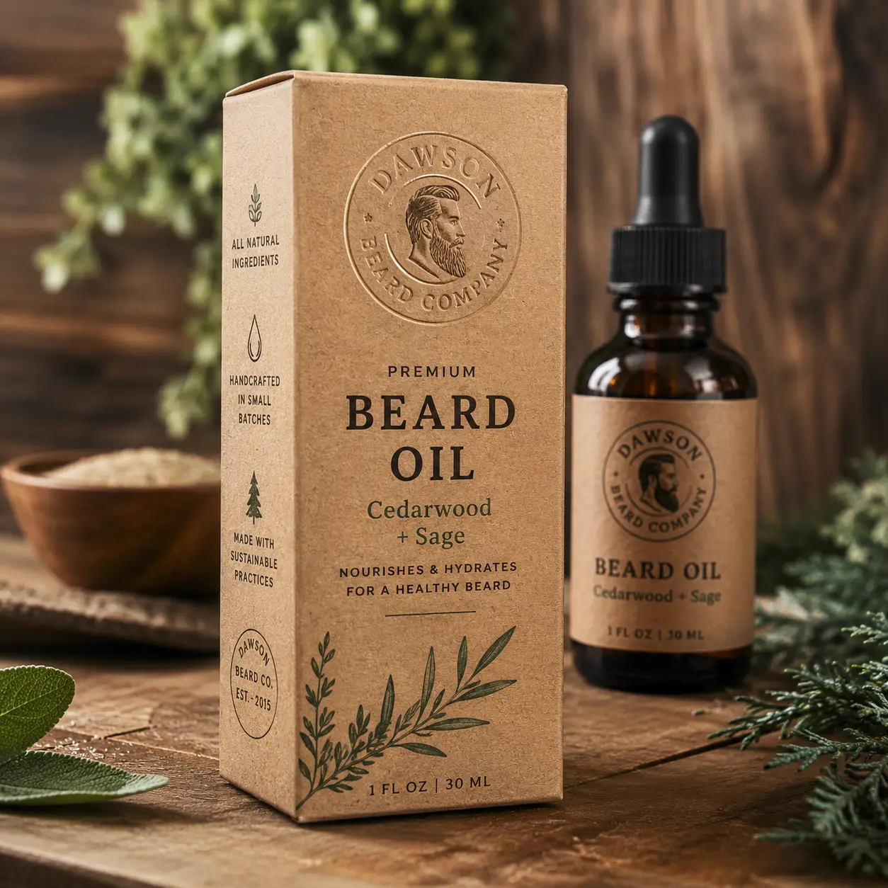Dawson Beard Company premium cedarwood sage beard oil kraft box packaging with amber dropper bottle on rustic wood surface