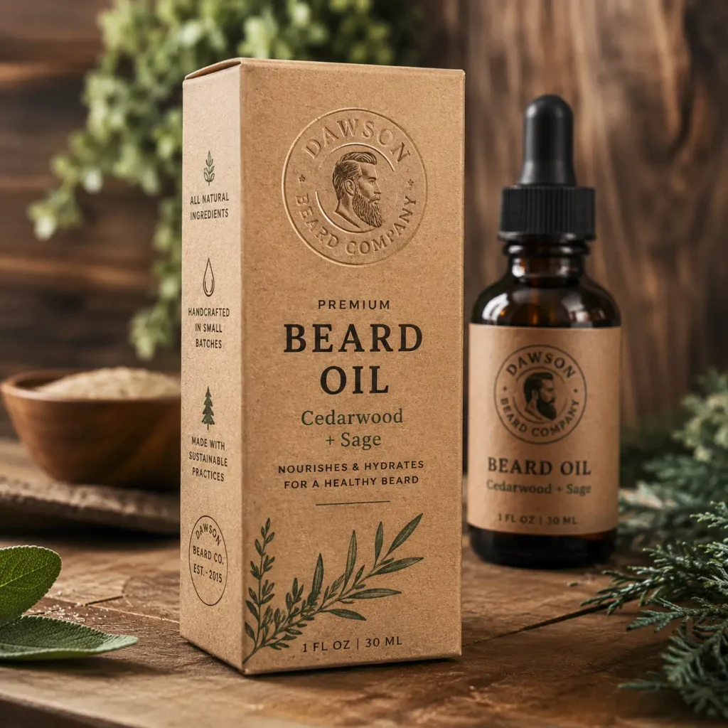 Dawson Beard Company premium cedarwood sage beard oil kraft box packaging with amber dropper bottle on rustic wood surface