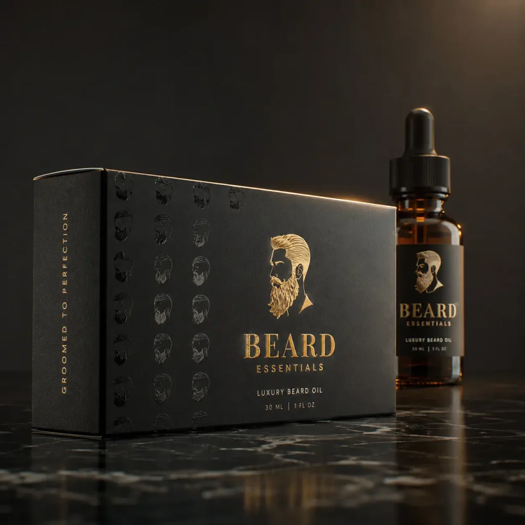 Luxury black gold Beard Essentials beard oil dropper bottle with premium packaging box on dark marble surface