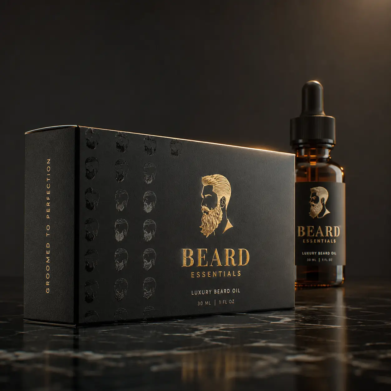 Luxury black gold Beard Essentials beard oil dropper bottle with premium packaging box on dark marble surface