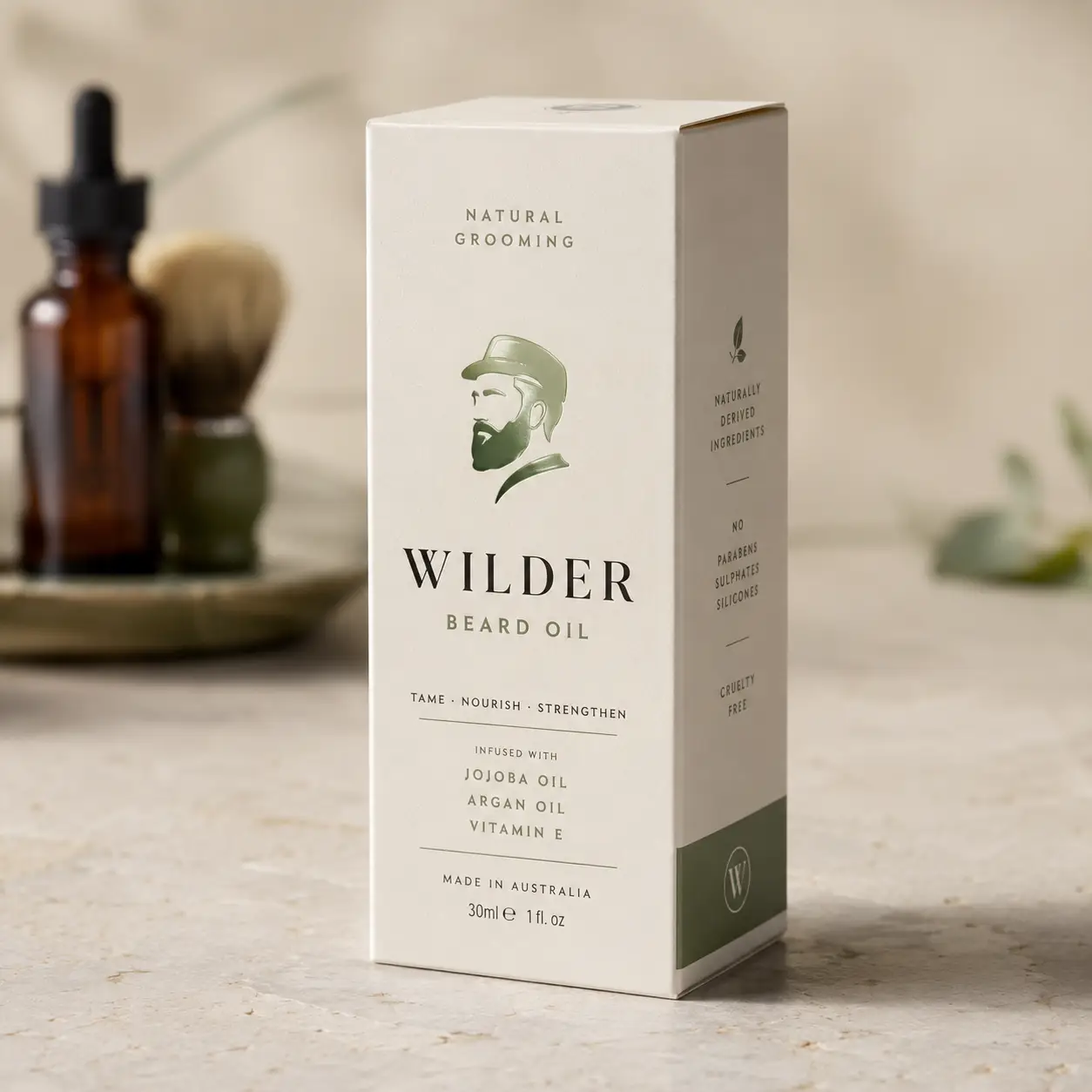 Wilder Beard Oil natural grooming product box, white green packaging, jojoba argan oil, 30ml, Australian made, luxury men's grooming