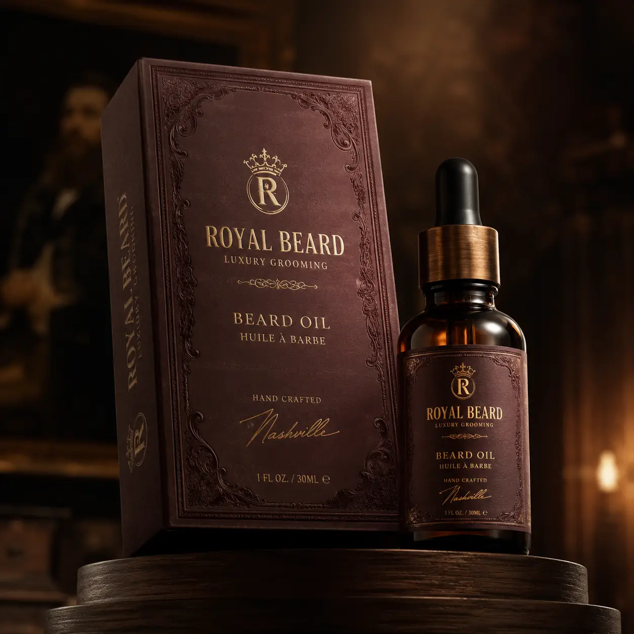 Royal Beard Luxury Grooming beard oil dropper bottle and dark burgundy gold embossed gift box, Nashville hand crafted premium packaging design