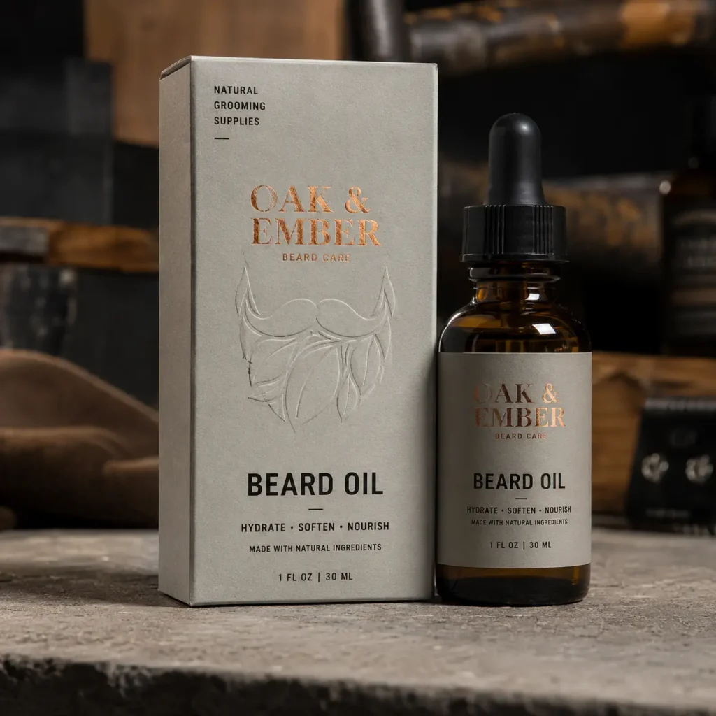 Oak & Ember Beard Oil 30ml amber dropper bottle with gray kraft box packaging, copper foil logo, rustic dark workshop background