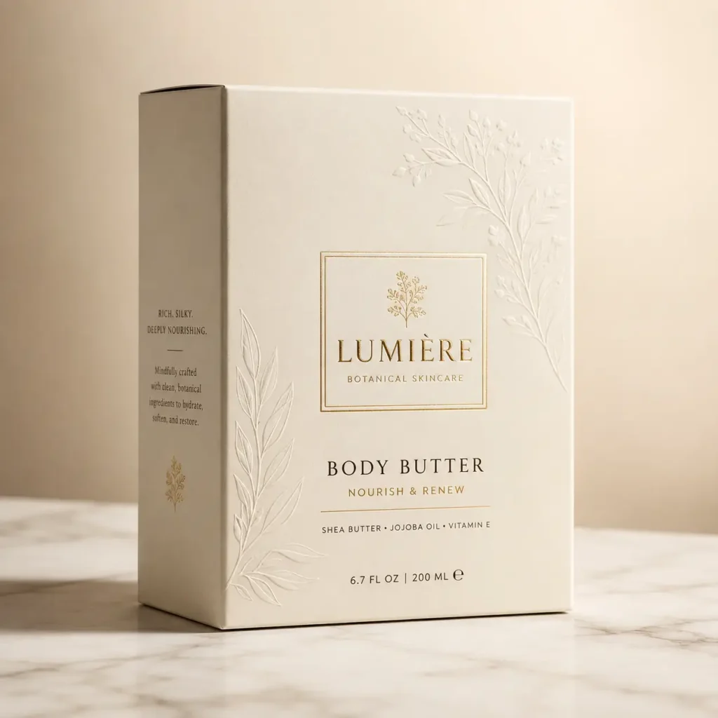 Lumière Botanical Skincare Body Butter luxury cream box with gold embossed text and white floral embossing on marble surface