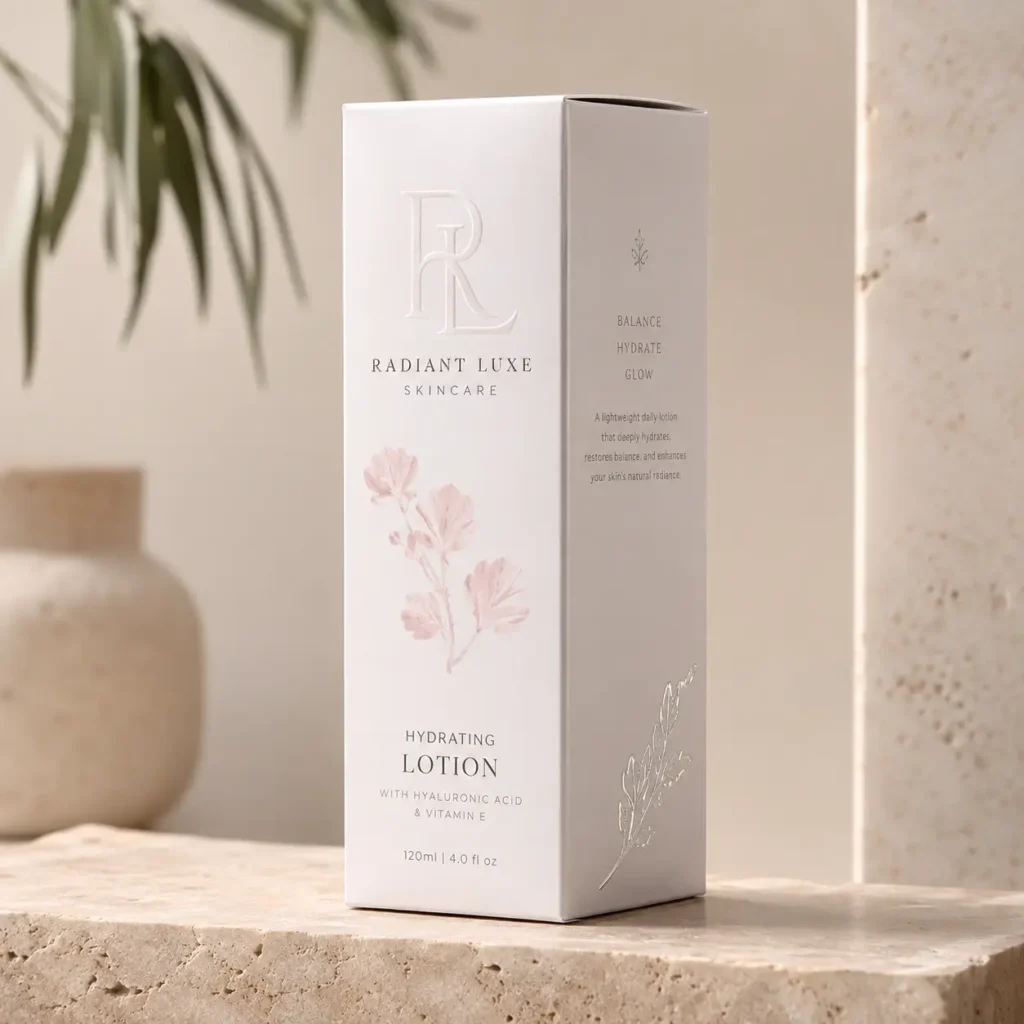 White luxury skincare box packaging for Radiant Luxe Hydrating Lotion with hyaluronic acid, pink floral design, on travertine surface