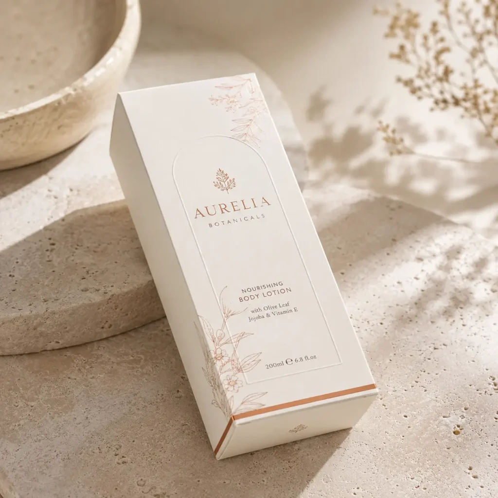 Aurelia Botanicals white luxury body lotion box with rose gold botanical prints on beige travertine stone surface
