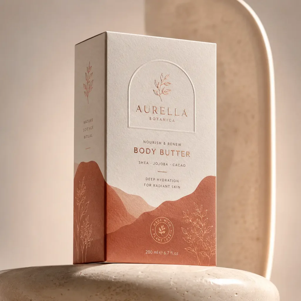 Aurella Botanica body butter luxury packaging box in warm beige and terracotta tones with rose gold botanical foil details