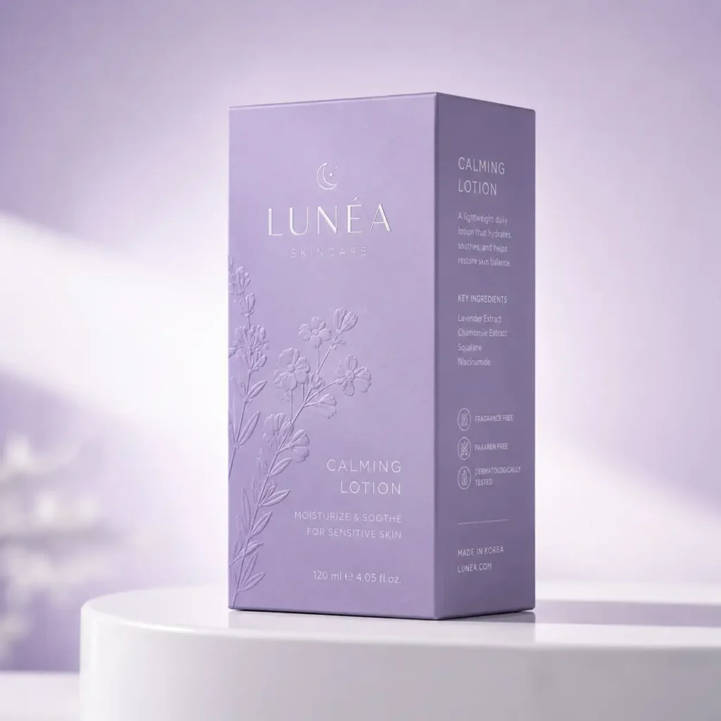 Lunéa Skincare Calming Lotion 120ml lavender purple luxury product packaging box with embossed floral design on white podium