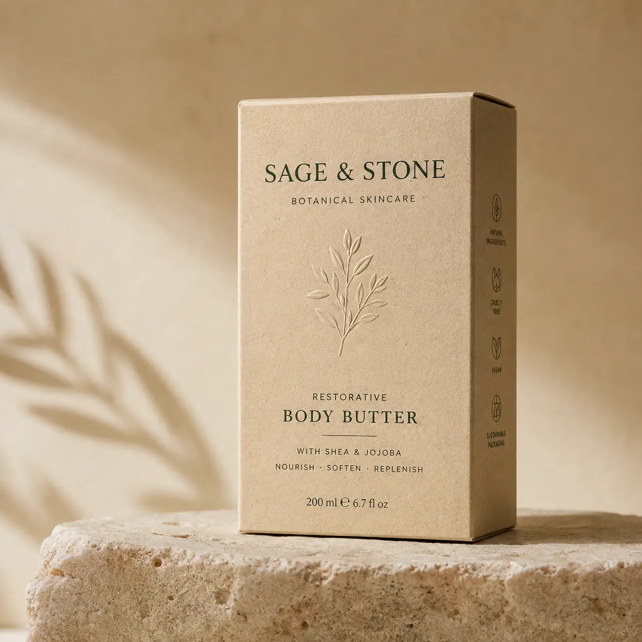 Sage & Stone botanical skincare body butter kraft box with embossed botanical design on travertine stone, warm beige tones