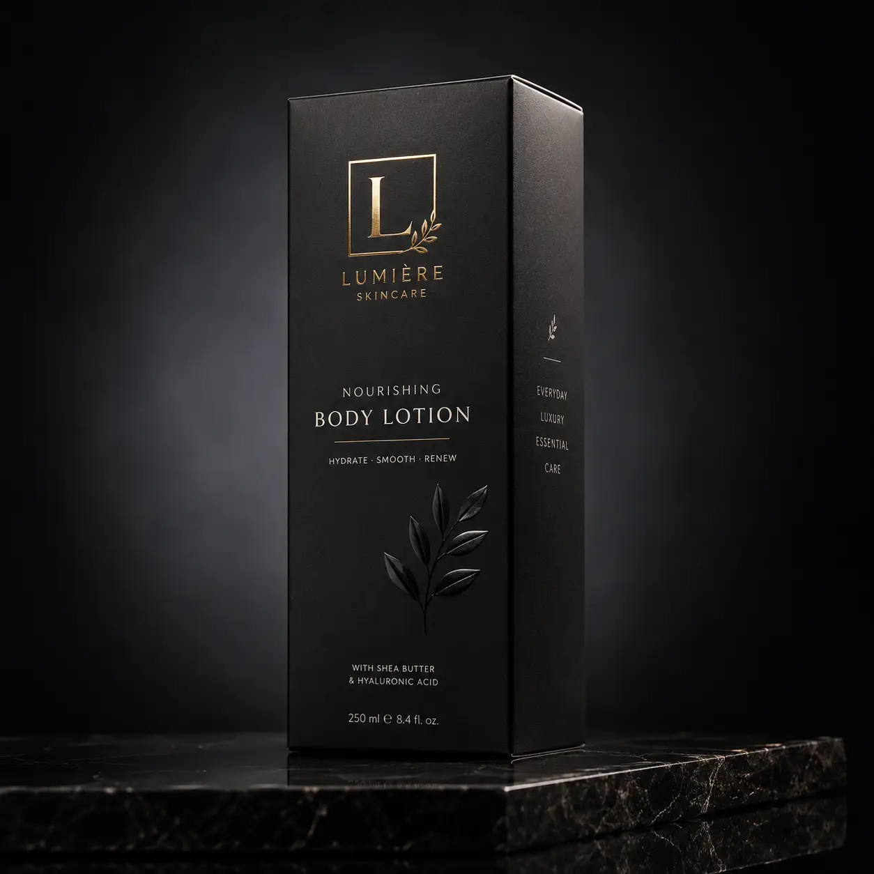 Lumière Skincare luxury black body lotion box with gold logo on dark marble, premium cosmetic packaging design