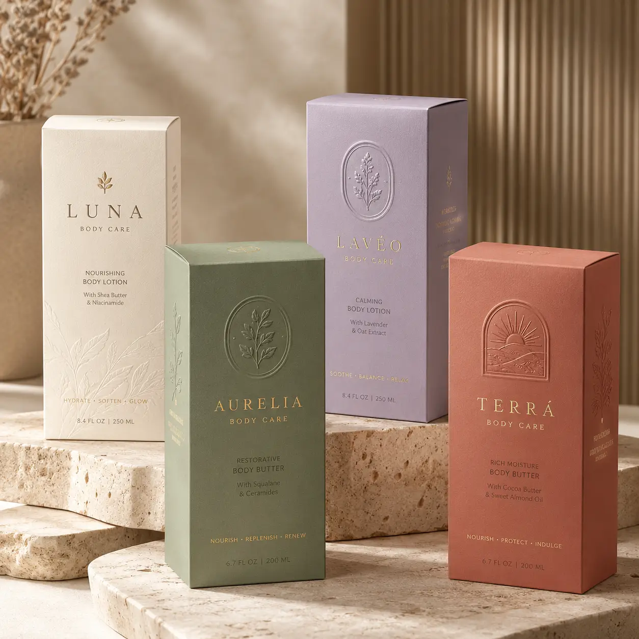 Four elegant body care product boxes in cream, sage green, lavender, and terracotta with embossed botanical luxury packaging designs
