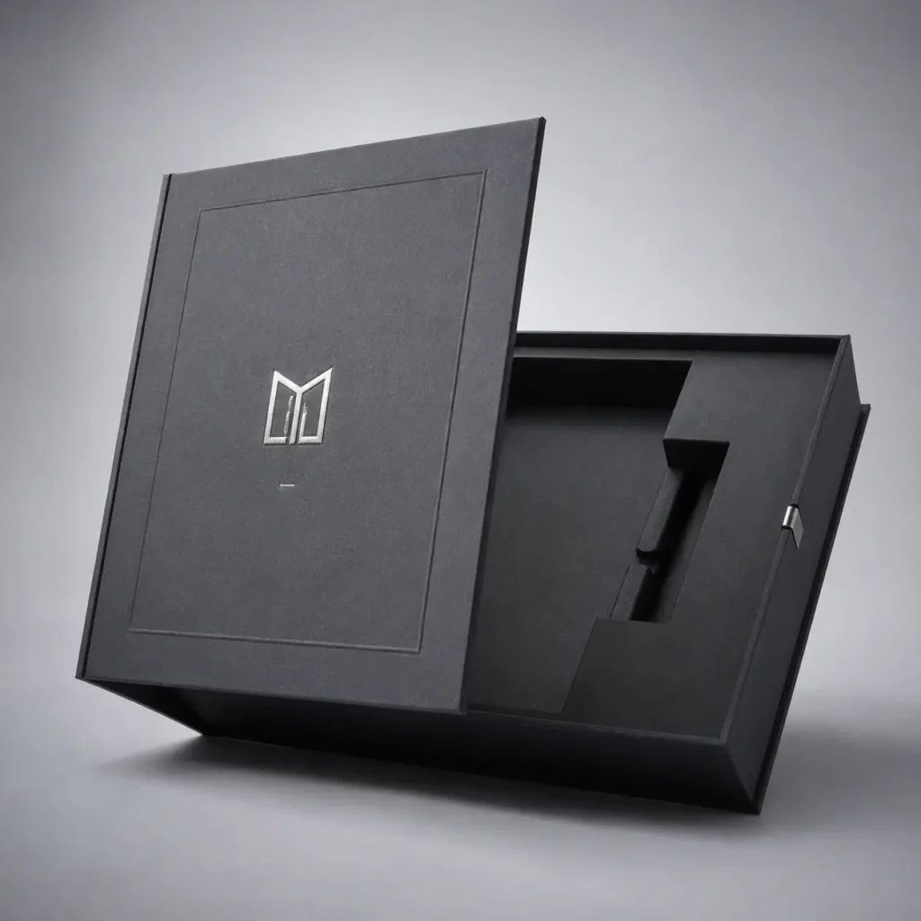 Luxury black magnetic gift box open with foam insert, silver embossed logo, premium rigid packaging by The Packaging Masters