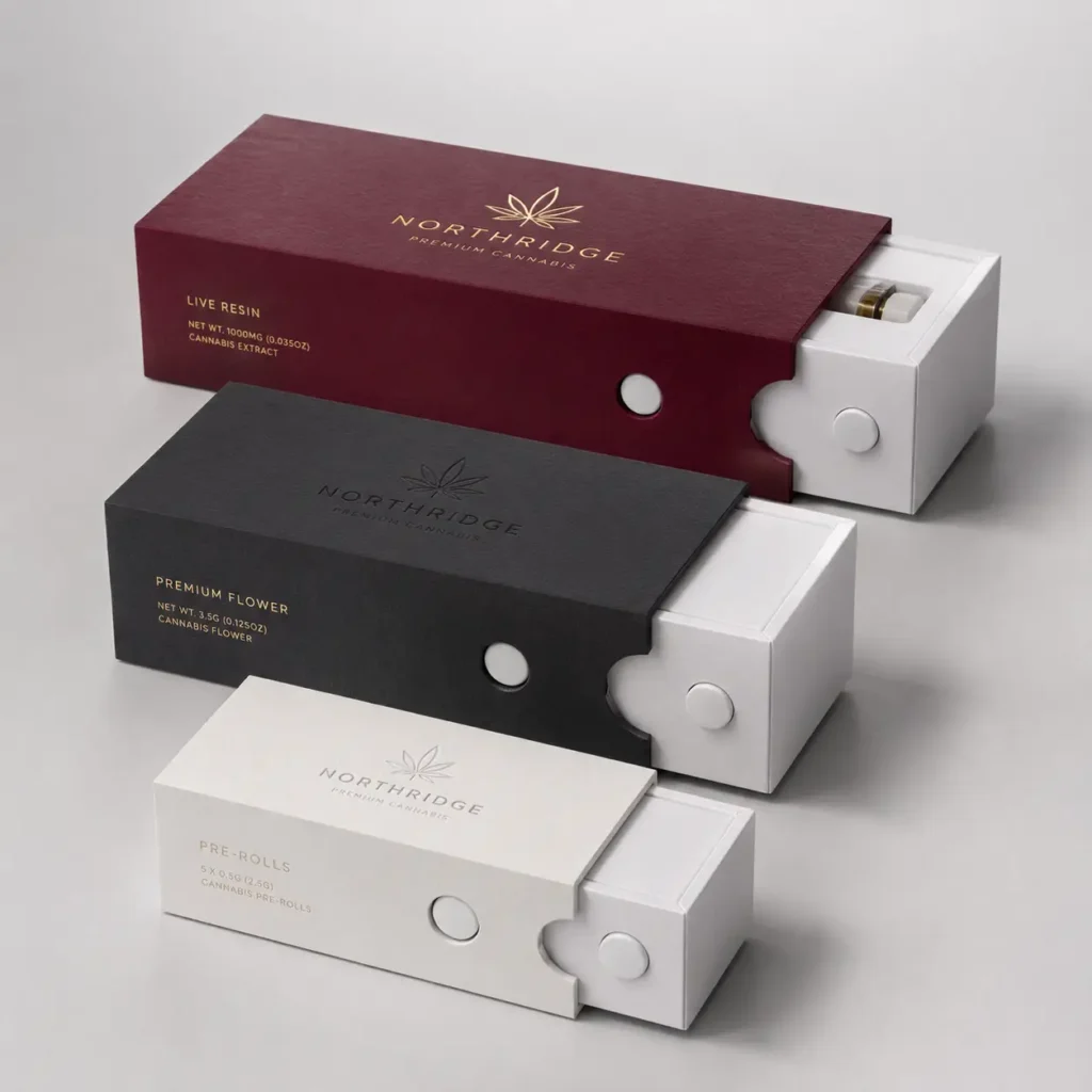 Three Northridge Premium Cannabis luxury sliding boxes in burgundy, black, and white displaying live resin, flower, and pre-rolls packaging design