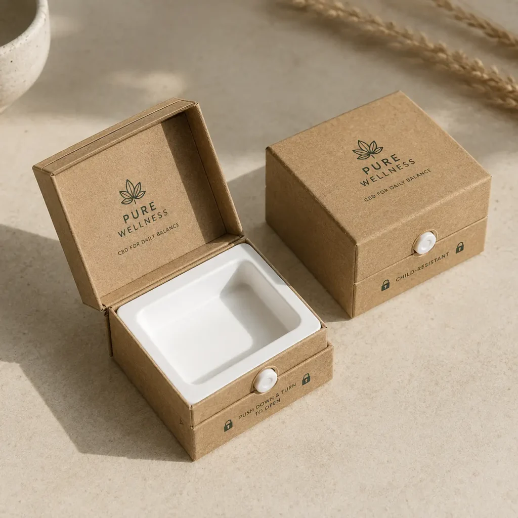 Kraft CBD child-resistant packaging boxes by Pure Wellness, open and closed, with white insert tray, natural boho background