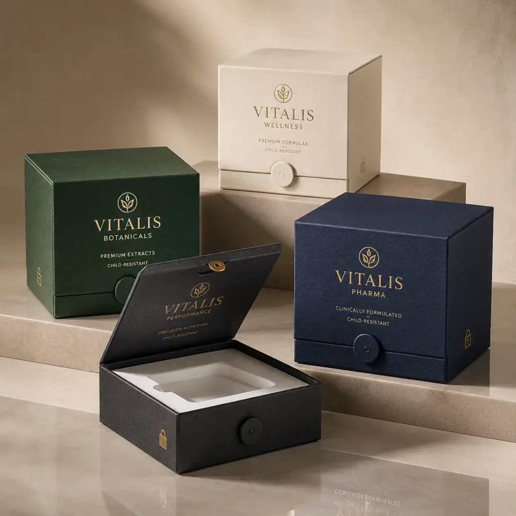 Four premium child-resistant Vitalis supplement boxes in navy, green, cream, and black with gold foil branding on beige backdrop