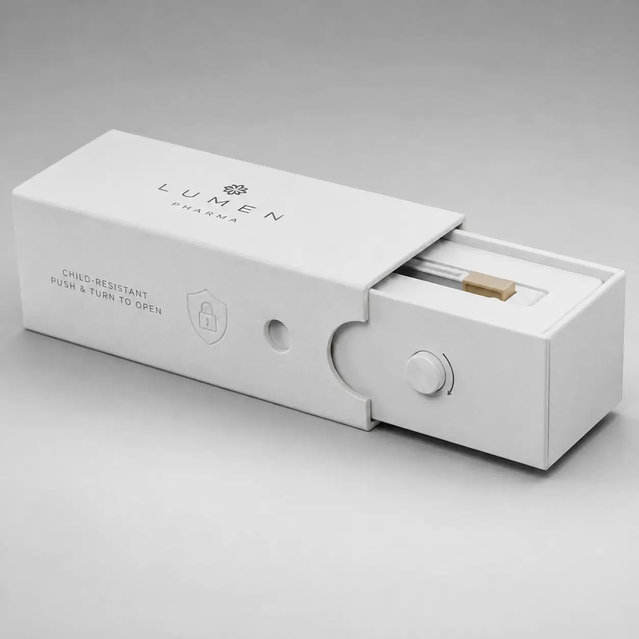 White child-resistant pharmaceutical slide box by Lumen Pharma with push-turn lock mechanism, partially open revealing product inside