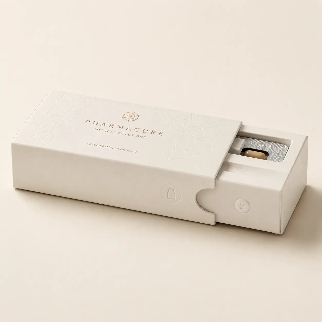 Elegant white sliding pharmaceutical box by Pharmacure Medical Solutions with embossed floral pattern, gold logo, and blister pill pack visible