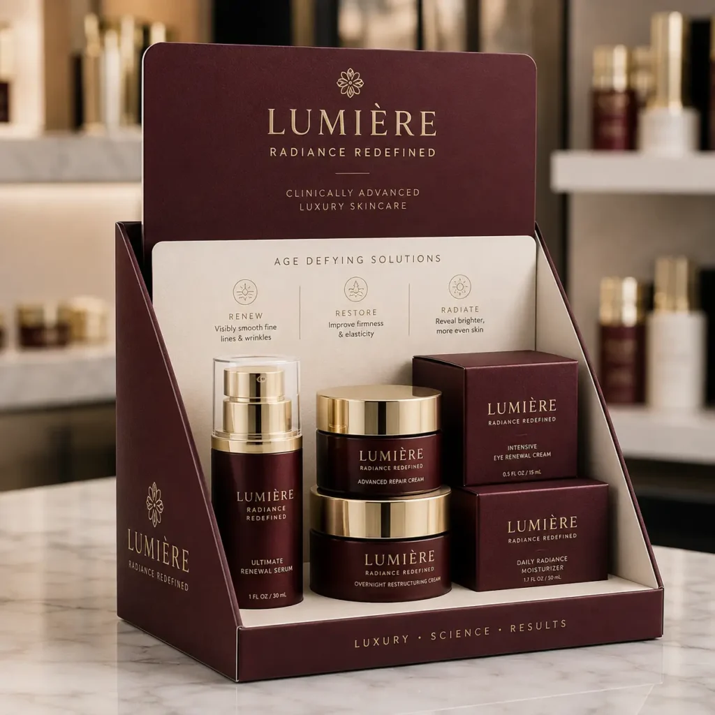 Lumière luxury skincare display box in deep burgundy and gold featuring serum, creams, and moisturizer for premium retail packaging design