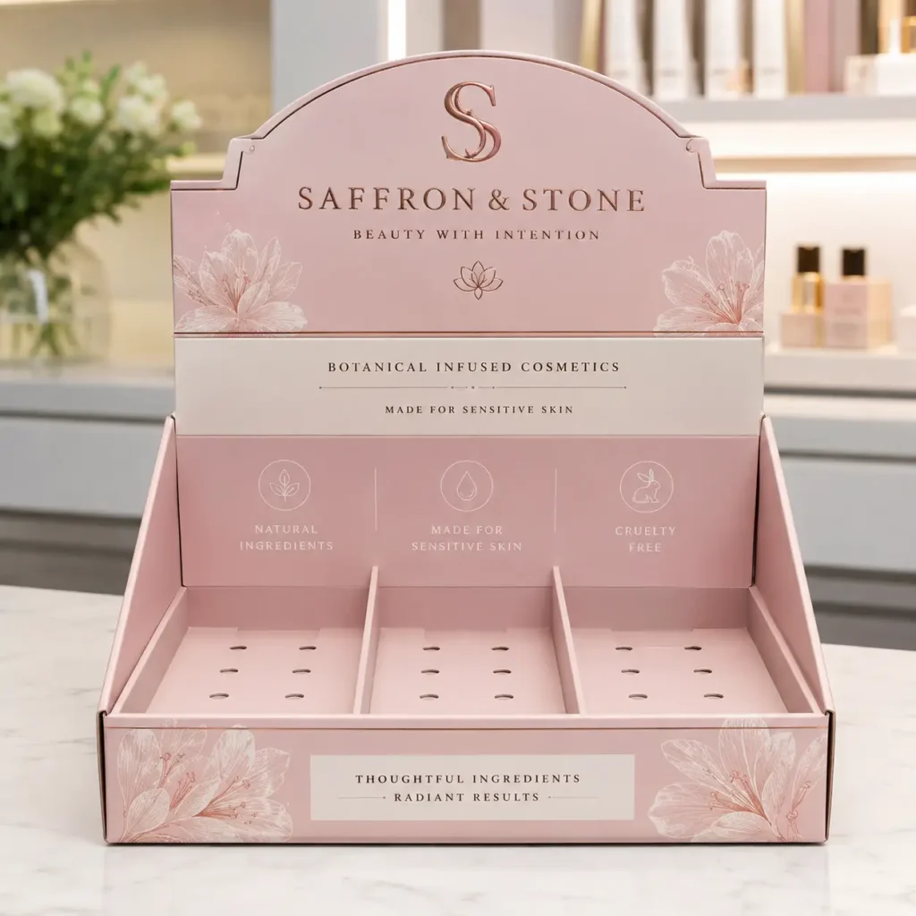 Pink retail display box for Saffron & Stone botanical cosmetics, rose gold branding, three-slot countertop stand, cruelty-free beauty packaging