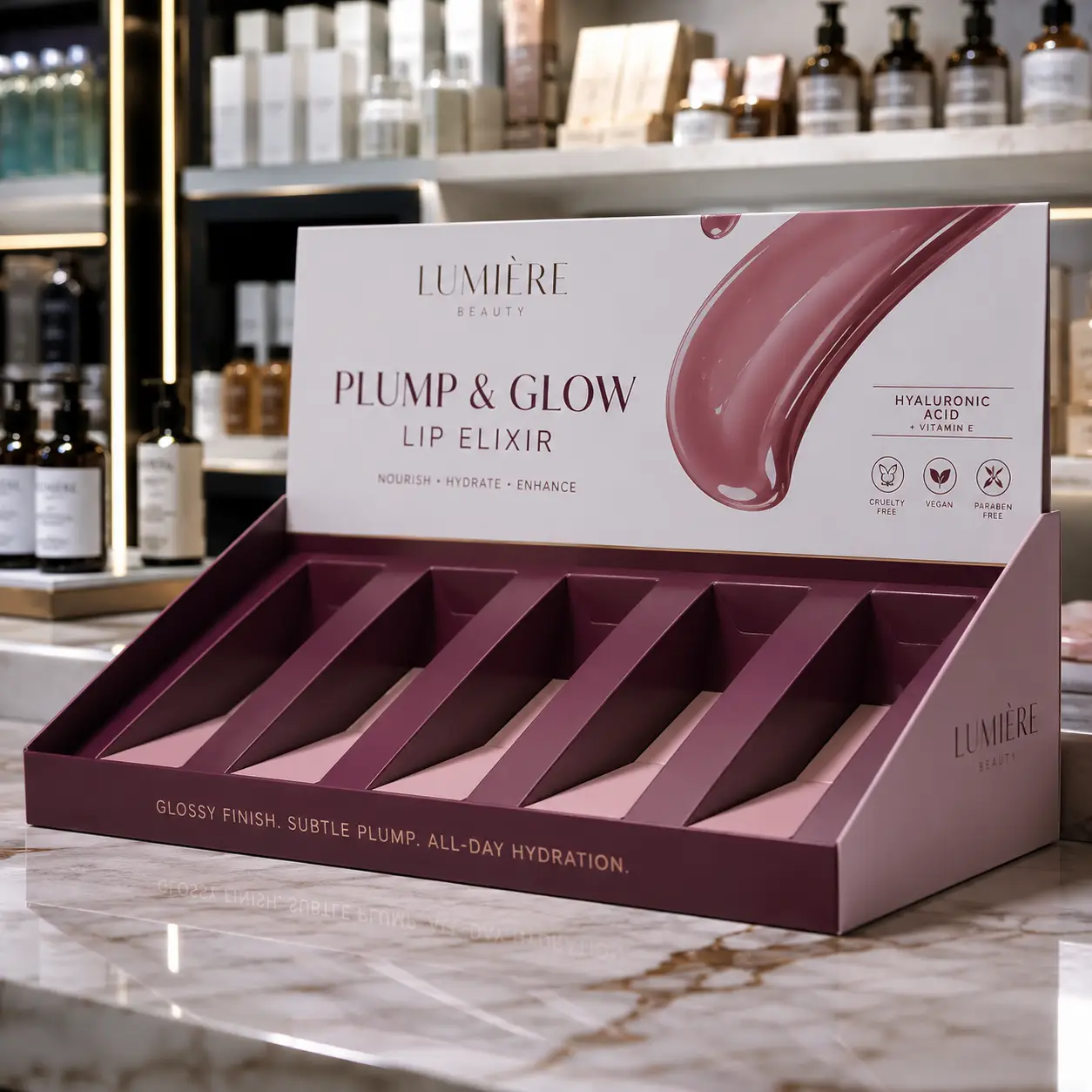 Lumière Beauty Plump & Glow Lip Elixir burgundy retail display box on marble counter in luxury beauty store