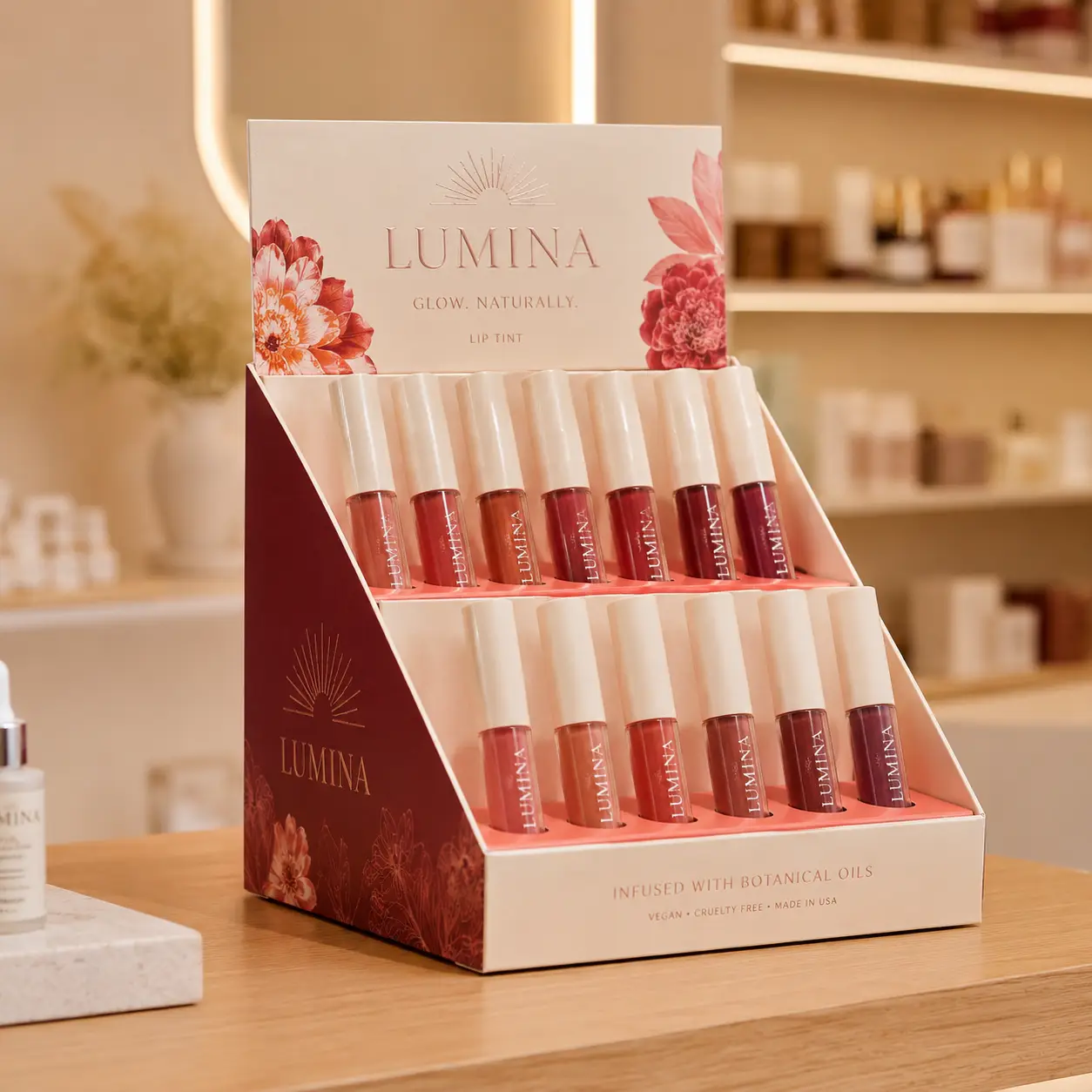 Lumina lip tint retail display box with 12 botanical oil-infused glosses in pink to berry shades, vegan cruelty-free cosmetic packaging