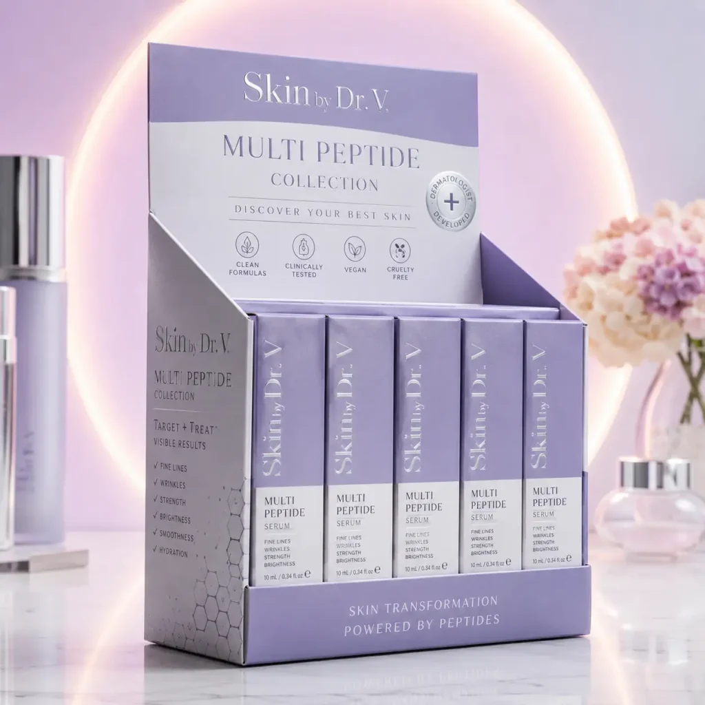 Lavender Multi Peptide Serum retail display box by Skin by Dr. V with five 10ml product boxes, vegan cruelty-free skincare packaging design