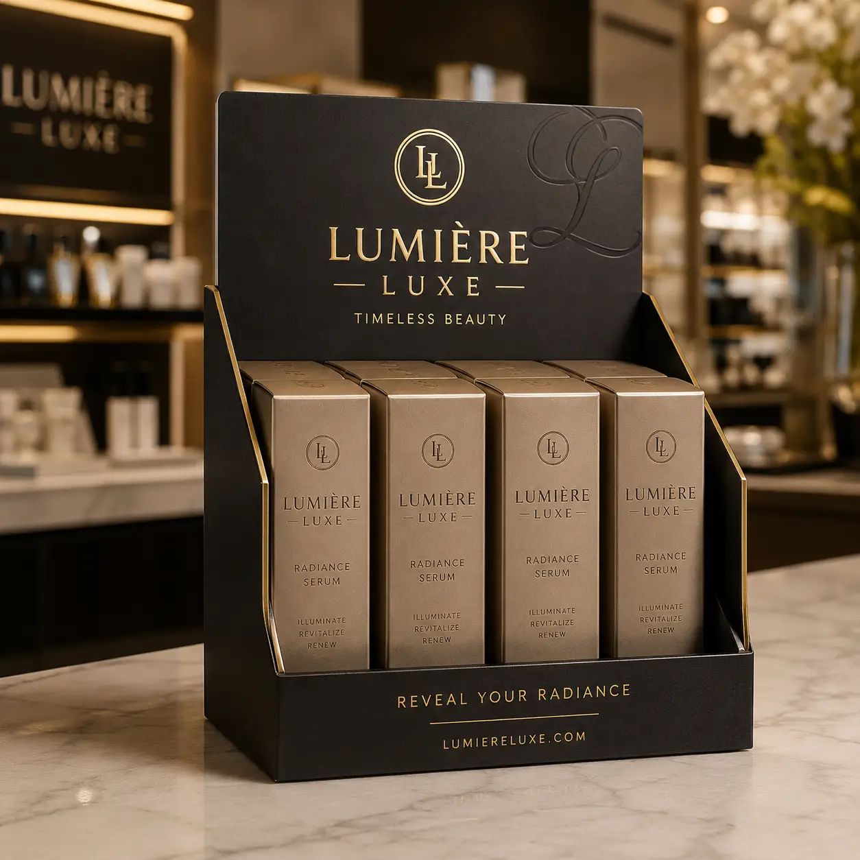 Luxury black gold Lumière Luxe Radiance Serum retail display box on marble counter in high-end beauty store