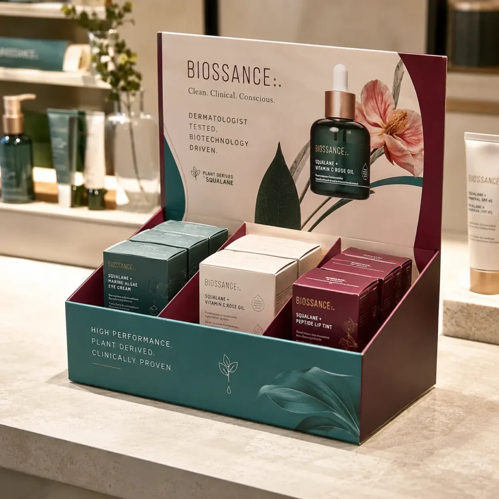 Biossance skincare retail display box showcasing Squalane products in teal and burgundy luxury cosmetic packaging design