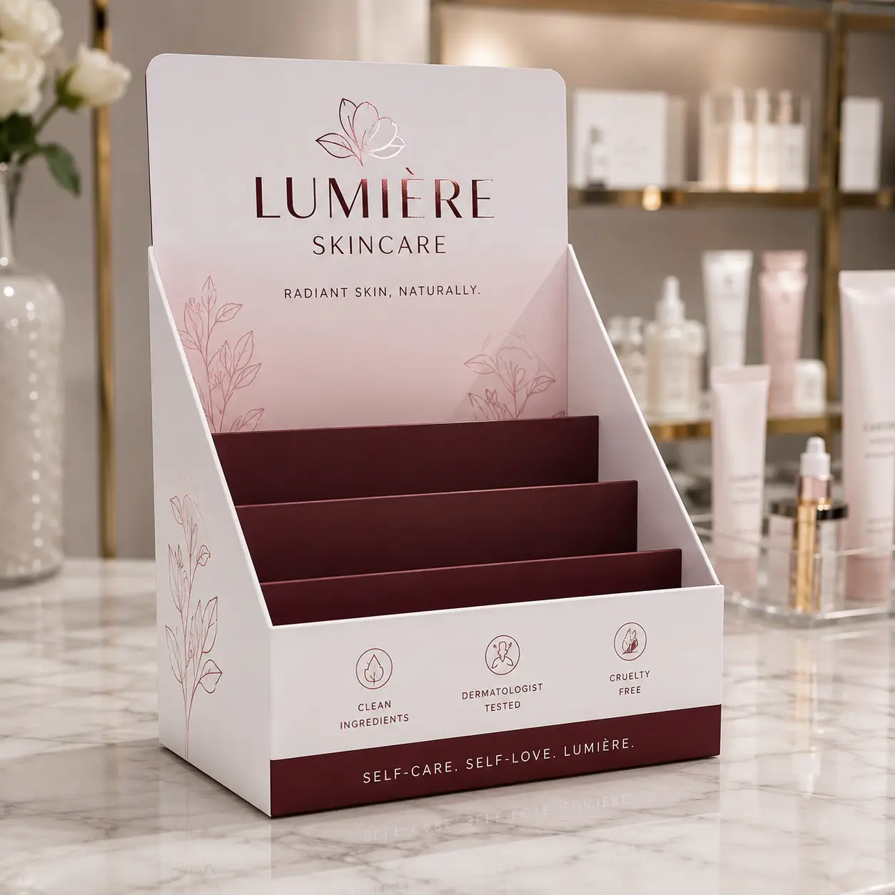 Lumière Skincare custom retail display stand in blush pink and burgundy with tiered shelves on marble countertop