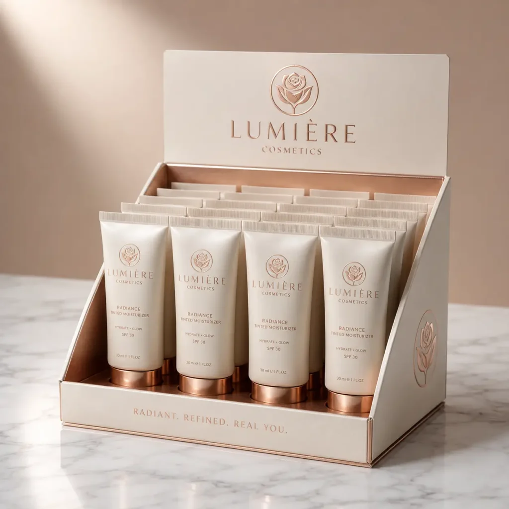 Lumière Cosmetics retail display box with SPF 30 tinted moisturizer tubes, rose gold caps, cream packaging, marble surface, luxury cosmetic packagi...