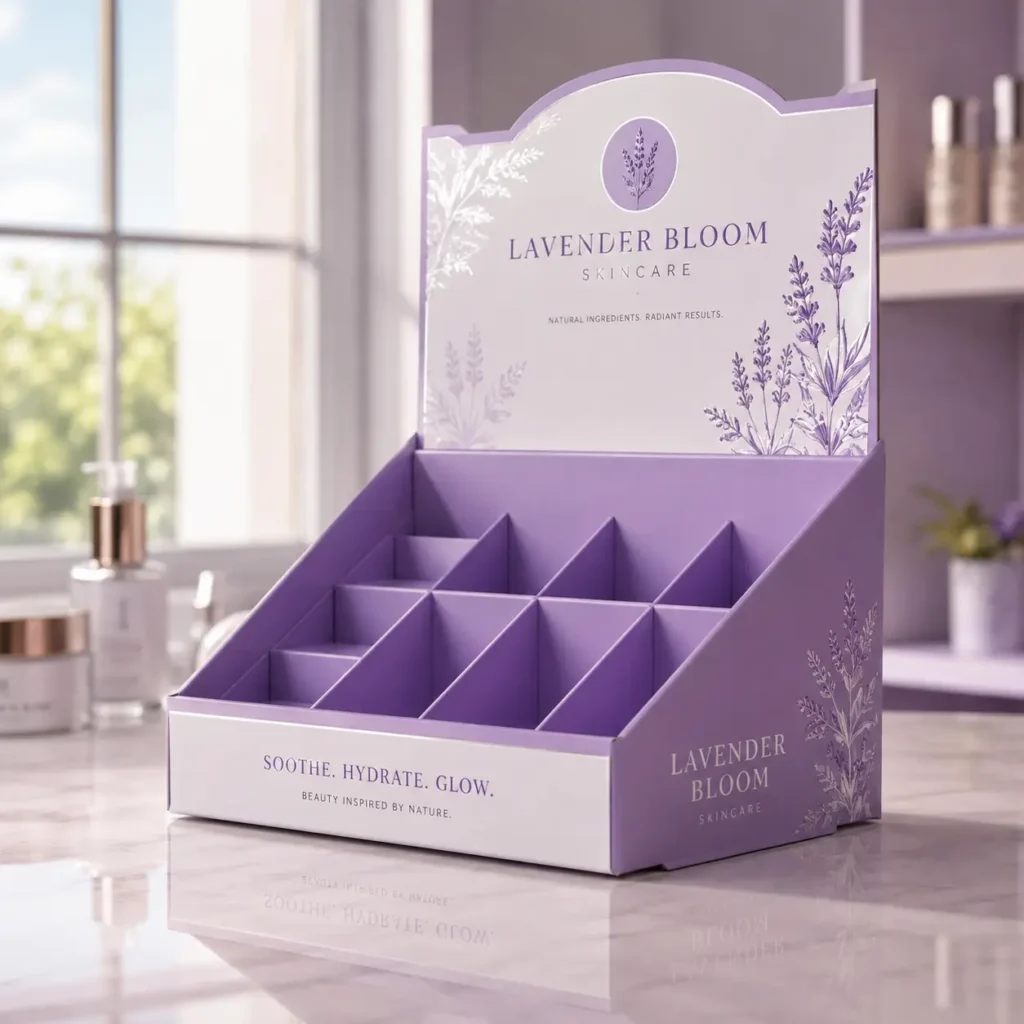Lavender Bloom Skincare custom retail display box with purple compartments and floral branding by The Packaging Masters