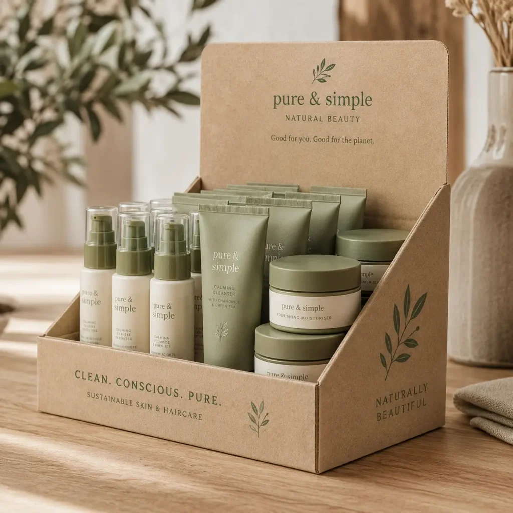 Eco-friendly cardboard retail display box showcasing Pure & Simple sage green natural skincare products including moisturiser, cleanser tubes and p...