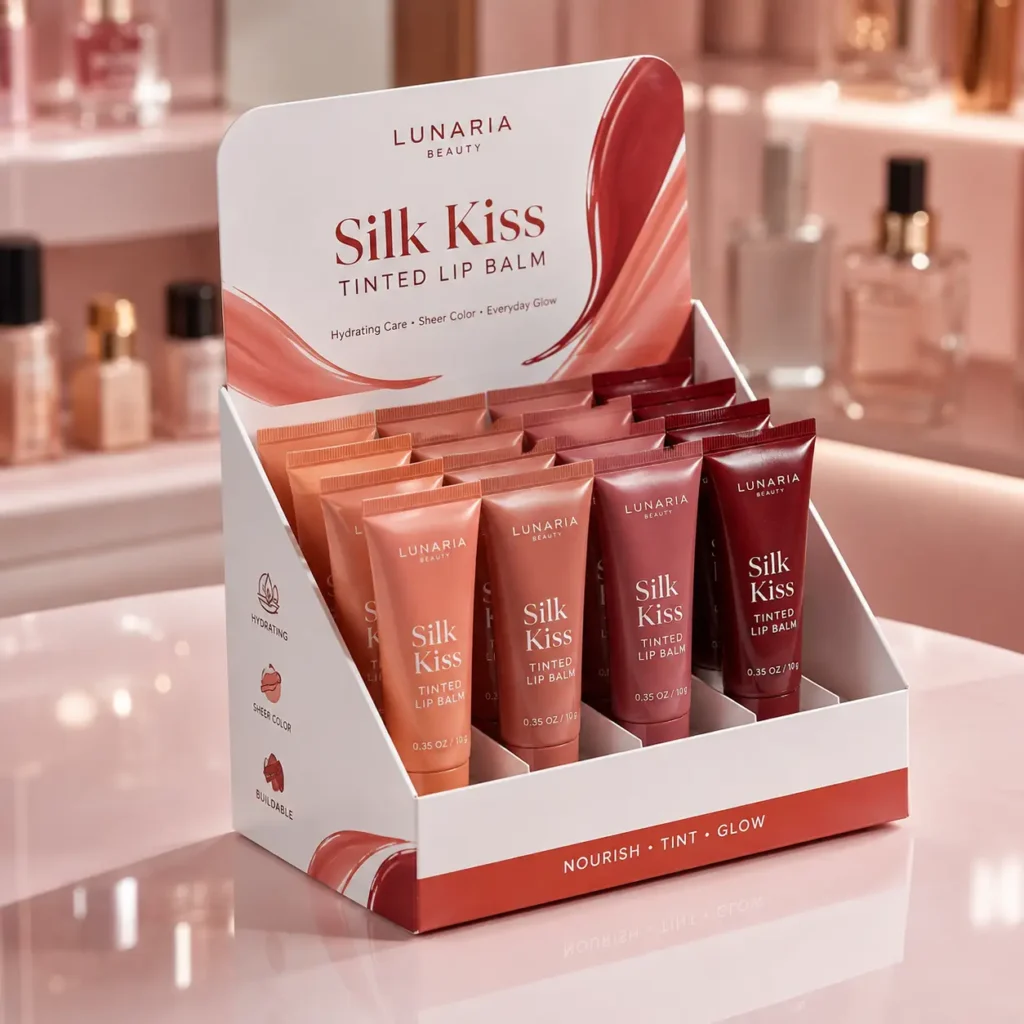Lunaria Beauty Silk Kiss tinted lip balm retail display box with coral and burgundy tubes, pink beauty counter background