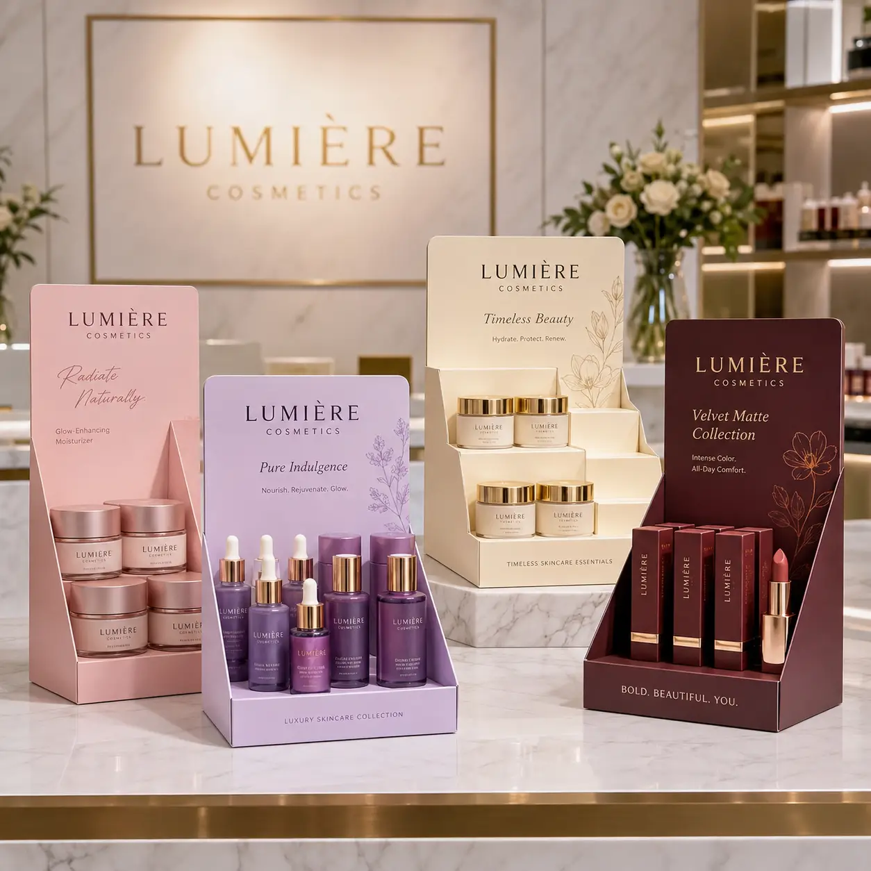 Lumière Cosmetics luxury retail display boxes in pink, purple, cream, and burgundy showcasing skincare serums and velvet matte lipsticks