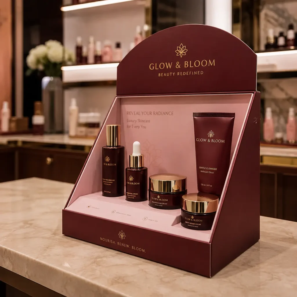 Luxury skincare display box in burgundy and gold showcasing Glow & Bloom beauty products on marble counter