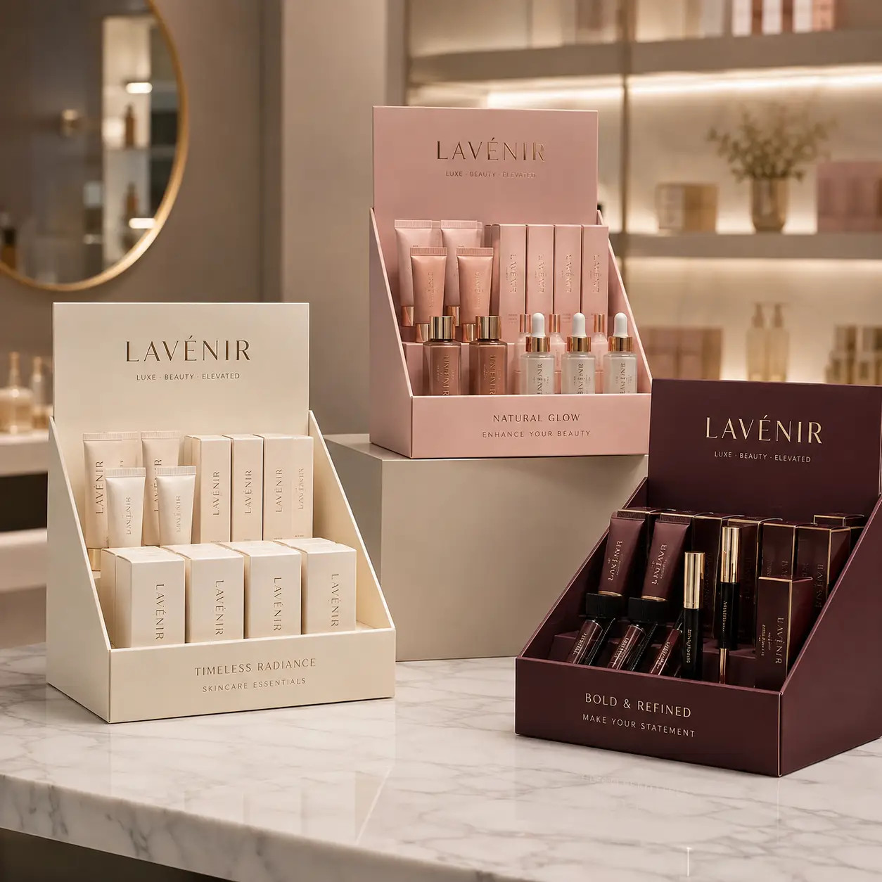 Lavénir luxury beauty brand display boxes in cream, blush pink, and burgundy showcasing skincare and makeup product collections